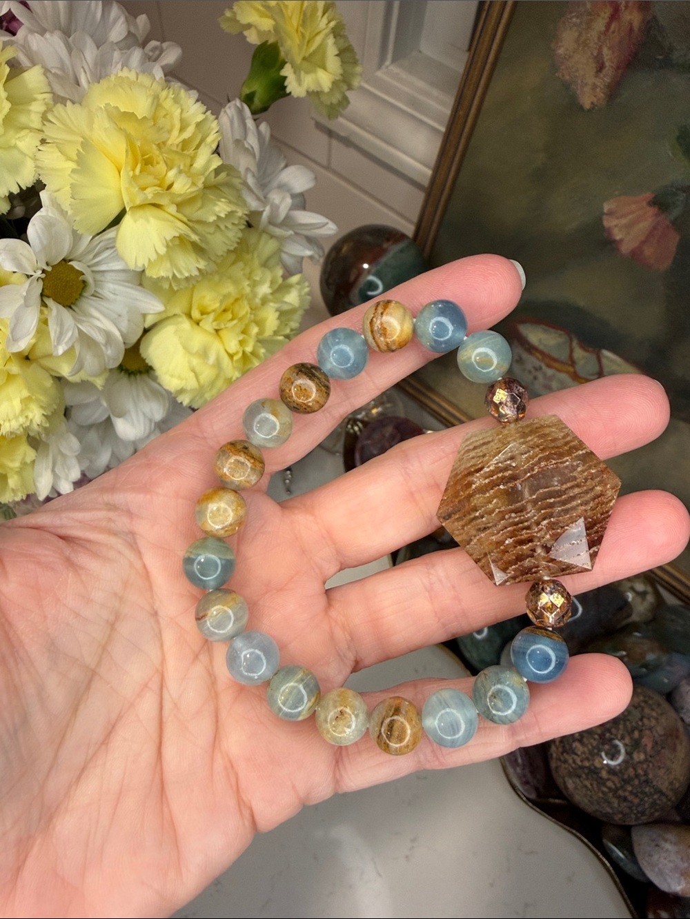 Lemurian Blue Calcite Bracelet | 1000 Layer Garden Quartz: B1280